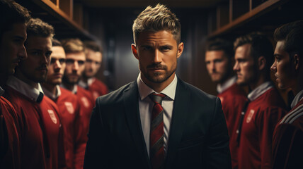 Coach Talking to Soccer Sports Team, Discussing Strategy and Tactics Before a Game in Locker Room. Coaching, planning training progress, Leadership athlete group for football team goals, teamwork