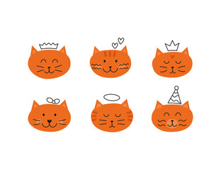 Set of cute ginger cat faces with outline doodles.