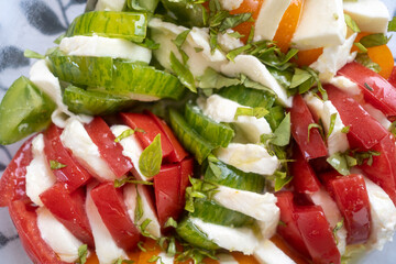 Italian Caprese salad with sliced tomatoes, mozzarella cheese, basil, olive oil on light background. Vegetarian food 