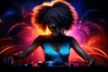 Image created with AI. African american female dj spinning music at nightclub
