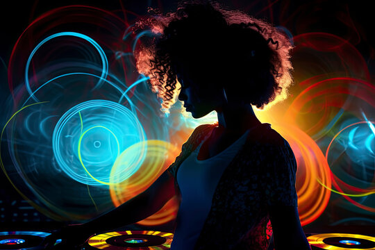 Image created with AI. African american dj woman posing with headphones at nightclub