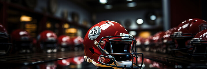 American Football Helmet with equipment, on the stand. Sports Team Competition Championship concept. Super Bowl. generative ai