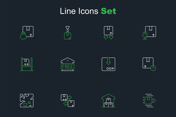 Set line Carton cardboard box, Full warehouse, Cardboard with traffic symbol, Broken, Free storage and Warehouse interior boxes icon. Vector