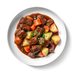 Beef Stew Swedish Dish On Plate On White Background Directly Above View