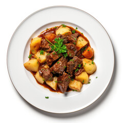 Belgian Beef Stew Belgian Dish On Plate On White Background Directly Above View