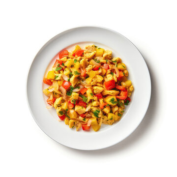 Ackee And Saltfish Jamaican Dish On Plate On White Background Directly Above View