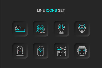Fototapeta premium Set line Frankenstein face, Black cat, Ghost, Tombstone with RIP written, Devil head, Happy Halloween holiday, Boo speech bubble and Moon and stars icon. Vector