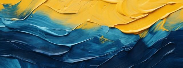 Closeup of abstract rough blue yellowart painting texture wall, with oil brushstroke, pallet knife paint on canvas (Generative Ai)
