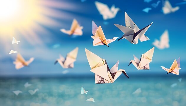 A flock of beautiful origami birds flying above a blue ocean in the sun. Paper, bird, crane, vector.
