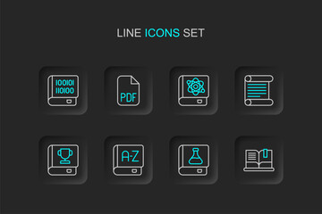 Set line Open book, Chemistry, Translator, Book, Decree, parchment, scroll, about physics, PDF file document and Books programming icon. Vector