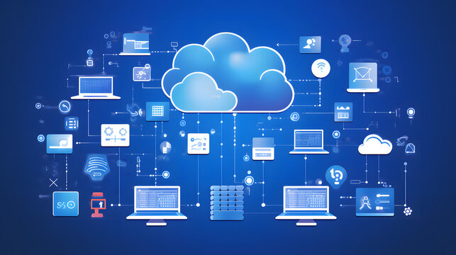 Infographic presenting the advantages of cloud computing and displays a cloud formation composed of interconnected icons and symbols