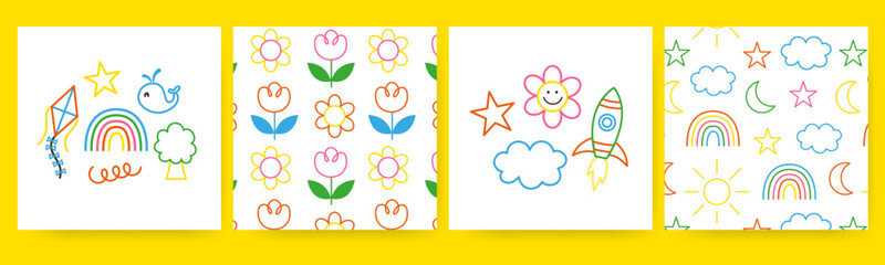 Children cartoon seamless pattern, square card doodle style set. Kid art collection flowers, nature, playful elements. Vector illustration on white background