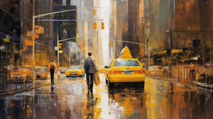 oil painting on canvas, street view of New York, yellow taxi, modern Artwork, American city, illustration New York (ai generated)