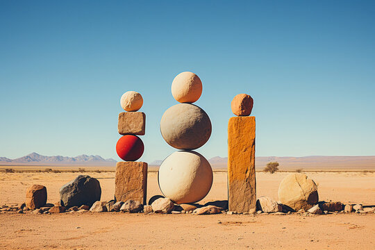 mysterious and strange unknown pebble stone monolith formations in a desert landscape, created with generative ai