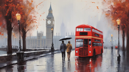 oil painting on canvas, street view of london. Artwork. Big ben. man and woman under a red umbrella, bus and road. Tree. England (ai generated) - obrazy, fototapety, plakaty
