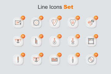 Set line Vinyl disk, Audio jack, Music synthesizer, Conga drums, Flute, Guitar amplifier, Electric bass guitar and Mandolin icon. Vector
