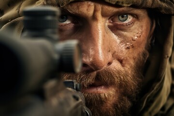 Sniper looking at camera while sitting in an ambush in the forest. Soldier mercenary with a sniper rifle in the forest. Face close-up.