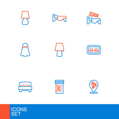 Set line Sleepy, Sleeping pill, Big bed, Earplugs with storage box, Ghost, Table lamp, Time sleep and Bed icon. Vector