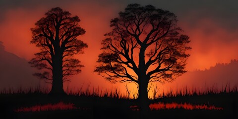 Fototapeta na wymiar sunset with trees. Black silhouette of a tree. Night sky with fiery orange red clouds. Fire in the forest. Or horror. Bloody sunset, tree, sky, silhouette, landscape.