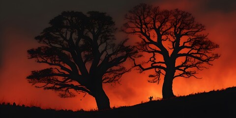 sunset in the forest. Black silhouette of a tree. Night sky with fiery orange red clouds. Fire in the forest. Or horror. Bloody sunset