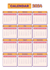 Cute orange 2024 calendar layout template