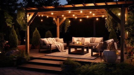 A pergola surrounded by greenery, gravel on the ground, simple patio furniture, string lights, night. Generative AI