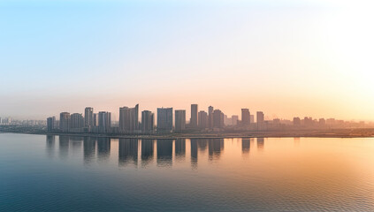 Fototapeta premium aerial view of city skyline at sunrise, calm water surface