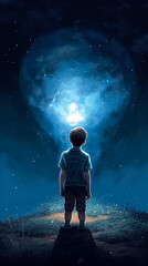 Little boy in front of a glowing light bulb at night, generative AI.