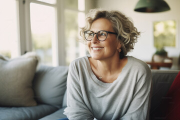 Portrait Smiling middle aged woman at home single mature