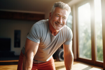 Smiling middle aged man doing sport single mature
