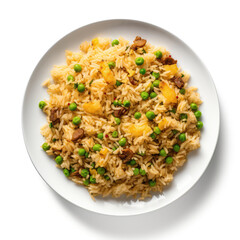 Rice And Peas Jamaican Dish On Plate On White Background Directly Above View
