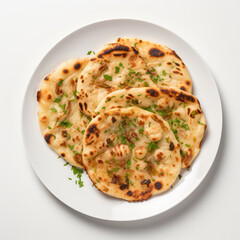 Roghni Naan Pakistani Dish On Plate On White Background Directly Above View