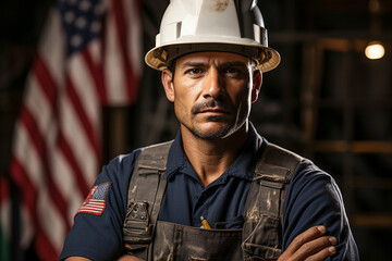Handsome Professional Hispanic Latino Construction Worker Wearing Safety Helmet against US Flag - Labor Day Concept - Generative AI