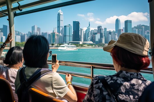 Tourists Capturing Landmarks on Open-Deck Bus Tour. Generative AI.