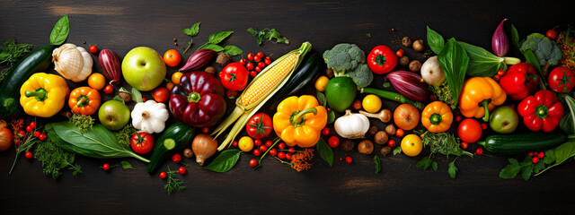 Variety of fresh organic vegetables on wooden background. top view. selective focus. Generative AI