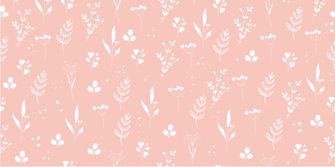 Seamless pattern of white flowers and branches. vector background of wild meadow herbs, flowers and berries for printing on fabric and paper.