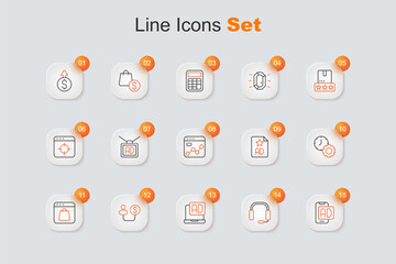 Set line Advertising, Headphones, Human and money, Online shopping screen, Time management, and Market analysis icon. Vector