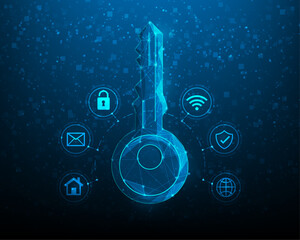key security technology digital on blue background. electronic key and code safety icon cyber. information privacy padlock. vector illustration fantastic technology design.