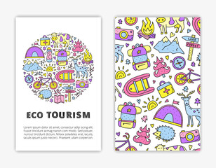 Card templates with lettering and doodle eco tourism icons.