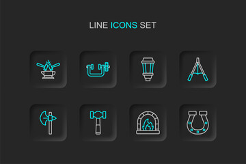 Fototapeta premium Set line Horseshoe, Blacksmith oven, Hammer, Medieval axe, Air blower bellows, Garden light lamp, Clamp and screw tool and Anvil hammer icon. Vector