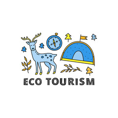 Group of doodle colored eco tourism icons.