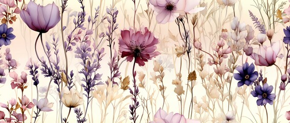 Watercolor wild flowers seamless pattern. Generative AI.