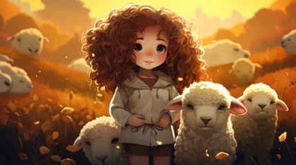 Fototapeten A little girl standing in a field of sheep © Maria Starus