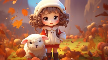 A little girl standing next to a sheep in a field