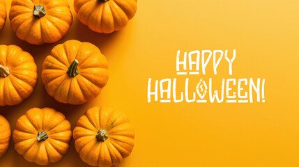 Happy Halloween text yellow banner with pumpkins top view
