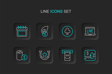 Set line Financial growth increase, Horseshoe, Casino chip with dollar, Online poker table game, Playing card clubs symbol, Hand holding casino chips and Calendar icon. Vector