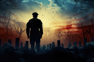 Fototapeta premium Back view of a grieving uniformed soldier in front of the graves of his fallen friends in arms on Veterans Day.