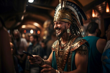 Portrait of an ancient warrior in costume. laughing Handsome smiling arab guy. Roman warrior.