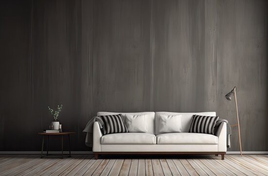 a couch, a gray wall and an empty wall Generative AI