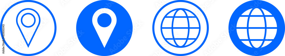 Poster set of blue and white round world globe earth web map and location pointer pin or you are here marke